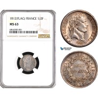 A8/152, France, Napoleon I, 1/2 Franc 1812 Flag/Fish (Utrecht, Netherlands) Mint, Silver, Gad. 399, Old cabinet toning! NGC MS63, Top Pop! Rare as such!