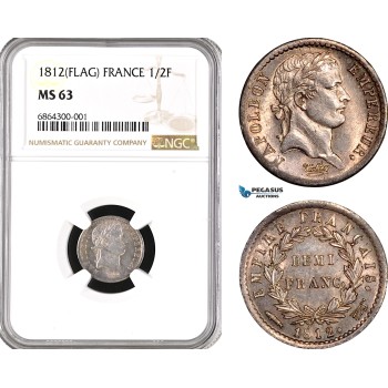 A8/152, France, Napoleon I, 1/2 Franc 1812 Flag/Fish (Utrecht, Netherlands) Mint, Silver, Gad. 399, Old cabinet toning! NGC MS63, Top Pop! Rare as such!