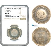 A8/159, France, 2 Francs Module Essai (Pattern) 1814 "End of Napoleonic Wars" by P.J. Tiolier, Silver, Maz-770A, NGC MS63, Top Pop! Single finest graded!