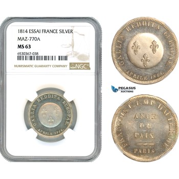 A8/159, France, 2 Francs Module Essai (Pattern) 1814 End of Napoleonic Wars by P.J. Tiolier, Silver, Maz-770A, NGC MS63, Top Pop! Single finest graded!