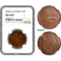 A8/183, German New Guinea, 10 Pfennig 1894 A, Berlin Mint, KM-3, Brown and flashy! NGC MS65BN