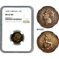 A8/185, Great Britain, George IV, Farthing (1/4 Penny) 1828, London Mint, S-3825; KM-677, A stunning example, NGC MS62BN