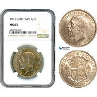 A8/194, Great Britain, George V, 1/2 Crown 1933, Silver, KM-835, S-4037, Lovely lustrous example with light champagne toning, NGC MS63