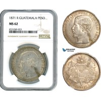 A8/202, Guatemala, Rafael Carrera, Peso 1871 R, Guatemala City Mint, Silver, KM-190.1, NGC MS62, Top Pop! Rare in this condition!