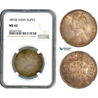 A8/233, India, British India, Victoria, Rupee 1893 B, Bombay Mint, Silver, KM-492, Old cabinet toning, NGC MS62