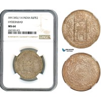 A8/239, India, Hyderabad, Osman Ali Khan, AH1343//14  (1924) Rupee, Silver, Km-Y-53A, Lustrous with cabinet toning, NGC MS64