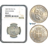 A8/256, Italy, Victor Emanuele II, 2 Lire 1863 T BN, Turin Mint, Silver, KM-6a, Light champagne toning, NGC MS62	