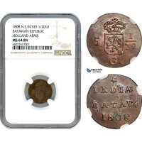 A8/307, Netherlands East Indies, Batavian Republic, 1/2 Duit 1808, Holland Arms,  KM-75, NGC MS64BN
