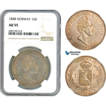A8/339, Norway, Oscar I, Speciedaler 1848, Kongsberg Mint, Silver, NM. 2, Light champagne toning, NGC AU55
