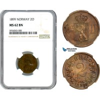 A8/341, Norway, Oscar II, 2 Öre 1899, Kongsberg Mint, Bronze, NM. 109, NGC MS62BN 