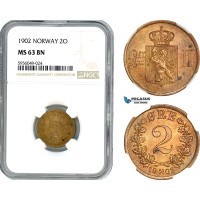 A8/342, Norway, Oscar II, 2 Öre 1902, Kongsberg Mint, Bronze, NM. 110, NGC MS63BN