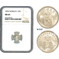 A8/345, Norway, Oscar II, 10 Öre 1894, Kongsberg Mint, Silver, NM. 90, Light champagne toning, NGC MS64	