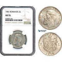 A8/371, Romania, Carol I, 2 Lei 1901, Hamburg Mint, Silver, Schäffer/Stambuliu 53, NGC AU55, Extremely Rare!	