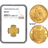 A8/372, Romania, Carol I, 20 Lei 1883 B, Bucharest Mint, Gold, Schäffer/Stambuliu 030, NGC MS64+, Pop 1/1, Extremely Rare in this condition!	