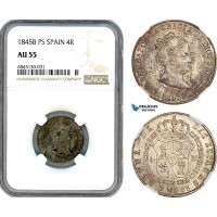 A8/537, Spain, Elizabeth II, 4 Reales 1845 B PS, Barcelona Mint, Silver, Cal#269, Old cabinet toning, NGC AU55, Top Pop, Single finest graded!		