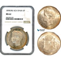 A8/540, Spain, Alfonso XIII, 5 Pesetas 1898 (98) SGV, Madrid Mint, Silver, Cal#109, Light champagne toning, NGC MS62	