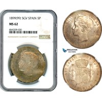 A8/541, Spain, Alfonso XIII, 5 Pesetas 1899 (99) SGV, Madrid Mint, Silver, Cal#110, Light champagne toning, NGC MS62	