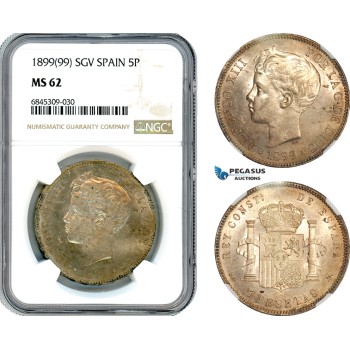 A8/541, Spain, Alfonso XIII, 5 Pesetas 1899 (99) SGV, Madrid Mint, Silver, Cal#110, Light champagne toning, NGC MS62