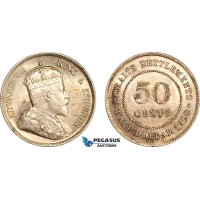 A8/542, Straits Settlements, Edward VII, 50 Cents 1908, London Mint, Silver, KM-24, Lustrous EF+	