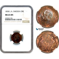 A8/549, Sweden, Oscar I, Öre 1858 L.A, Stockholm Mint, Bronze, KM-687, NGC65BN, Top Pop!