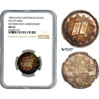 A8/564, Switzerland, Bern, Medal 1828 for the 3rd secular celebration of the Reformation, Silver, SM-579, Wund. 1336; Slg. Whiting 643, Beautiful multicoloured toning, NGC MS65