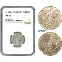 A8/570, Turkey, Ottoman Empire, Mahmud II, 1 Kurush AH1223//21, Kostantiniye Mint, Silver, KM-584, NGC MS66, Top Pop!