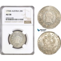 AG886, Austria, Franz II, 20 Kreuzer 1794­ B, Kremnitz Mint, Silver, KM# 2139, NGC AU58