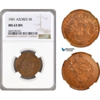 AH109, Portugal, Azores, Charles I, 5 Reis 1901, Lisbon Mint, NGC MS63BN