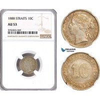 AH142, Straits Settlements, Victoria, 10 Cents 1888, London Mint, Silver, NGC AU53