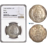 AH172, Austria, Karl VI, 1/4 Taler 1740, Hall Mint, Silver, NGC AU58