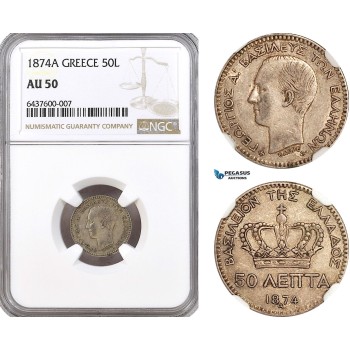 AH227, Greece, George I, 50 Lepta 1874 A, Paris Mint, Silver, NGC AU50