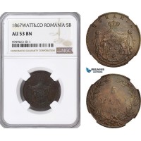 AH246, Romania, Carol I, 5 Bani 1867 Watt&Co, Birmingham Mint, NGC AU53BN