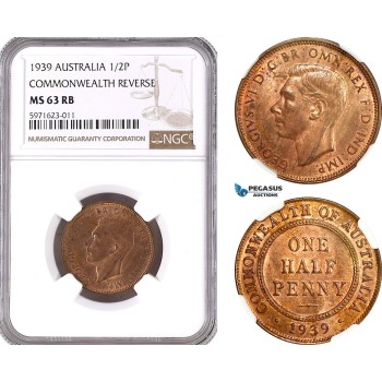 AH273, Australia, George VI, Half Penny 1939, Melbourne Mint, Commonwealth Rev., NGC MS63RB