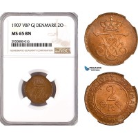AH286, Denmark, Frederik VIII, 2 Ore 1907 VBP GJ, Copenhagen Mint, NGC MS65BN, Top Pop
