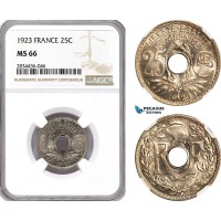 AH309, France, Third Republic, 25 Centimes 1923, Paris Mint, NGC MS66, Top Pop