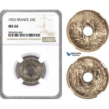 AH309, France, Third Republic, 25 Centimes 1923, Paris Mint, NGC MS66, Top Pop