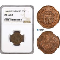 AH330, Luxembourg, 2 1/2 Centimes 1908, Brussels Mint, NGC MS65RB, Top Pop!