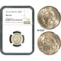 AH371, Brazil, 500 Reis 1913 A, Paris Mint, Silver, NGC MS65+