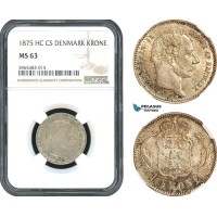 AH385, Denmark, Christian IX, 1 Krone 1875 HC CS, Copenhagen Mint, Silver, NGC MS63