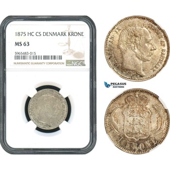 AH385, Denmark, Christian IX, 1 Krone 1875 HC CS, Copenhagen Mint, Silver, NGC MS63