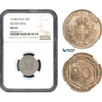 AH408, Italy, Vit. Emanuele III, 20 Centesimi 1918 R, Rome Mint, Reeded Edge, NGC MS64