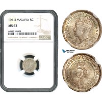 AH419, Malaya, George VI, 5 Cents 1941 I, Calcutta Mint, Silver, NGC MS63