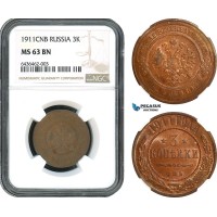 AH457, Russia, Nicholas II, 3 Kopeks 1911 СПБ, St. Petersburg Mint, NGC MS63BN