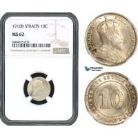 AH488, Straits Settlements, Edward VII, 10 Cents 1910 B, Bombay Mint, Silver, NGC MS62