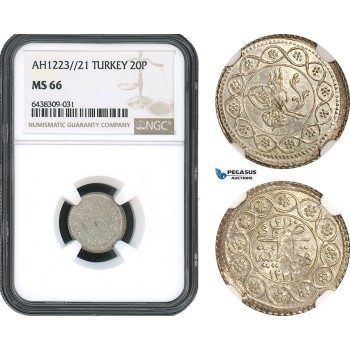AH495, Ottoman Empire, Turkey, Mahmud II, 20 Para AH1223/21, Kostantiniye Mint, NGC MS66