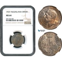 AH501, Yugoslavia, Alexander I, 1 Dinar 1925, Brussels Mint, NGC MS64