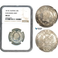 AH507, Austria, Franz II, 20 Kreuzer 1815 E, Karlsburg Mint, Silver, NGC MS64, Top Pop 1/0