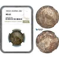 AH511, Austria, Franz II, 20 Kreuzer 1833 A, Vienna Mint, Silver, NGC MS63, Top Pop 1/0