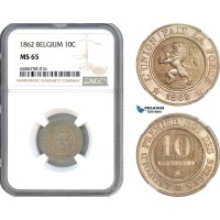 AH516, Belgium, Leopold II, 10 Centimes 1862, Brussels Mint, NGC MS65