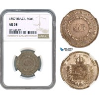 AH523, Brazil, Pedro II, 500 Reis 1857, Silver, NGC AU58